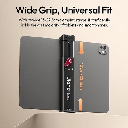Ulanzi CA15 OneLock tablet clamp demonstrating its 13 to 22.5cm adjustable clamping range on a tablet.