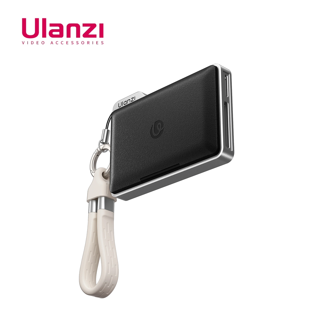 Ulanzi DC01 2-in-1 portable memory card reader case with black leather-textured finish and attached carrying strap.