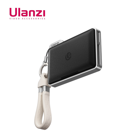 Ulanzi DC01 2-in-1 portable memory card reader case with black leather-textured finish and attached carrying strap.