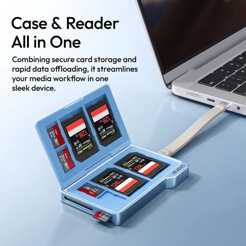 Ulanzi DC01 2-in-1 card case and reader connected to a laptop via built-in cable, transferring data while storing SD and TF cards.