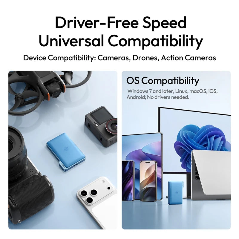 Ulanzi DC01 memory card reader highlighting driver-free universal compatibility across cameras, drones, action cameras, smartphones, and computers.