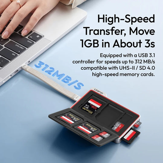 Ulanzi DC01 memory card reader plugged into a laptop demonstrating USB 3.1 high-speed data transfer up to 312MB/s with UHS-II SD cards.