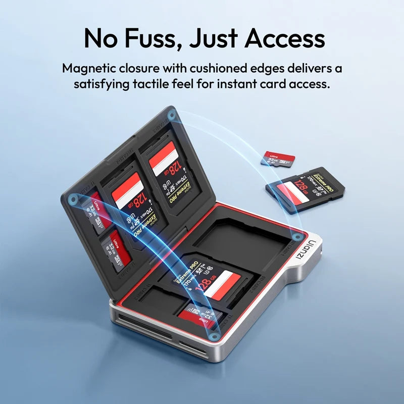 Open Ulanzi DC01 memory card reader showing magnetic closure design and cushioned edges for quick SD and TF card access.