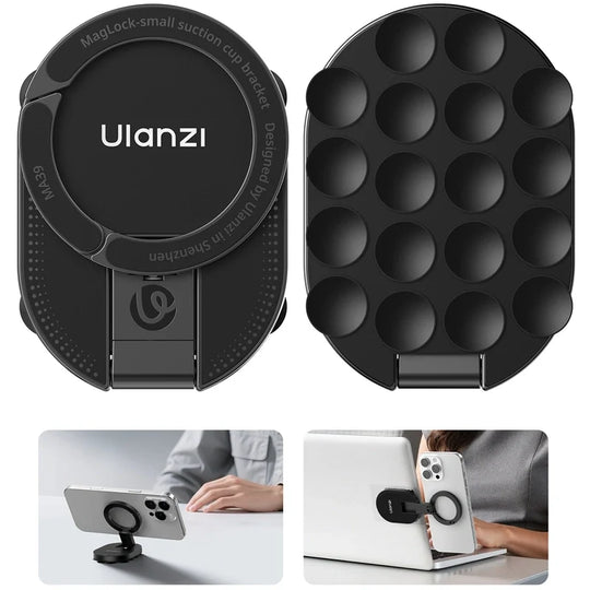 Ulanzi MA39 MagLock bracket showing multi-suction cup base array with desktop stand and laptop dual-screen mount examples.