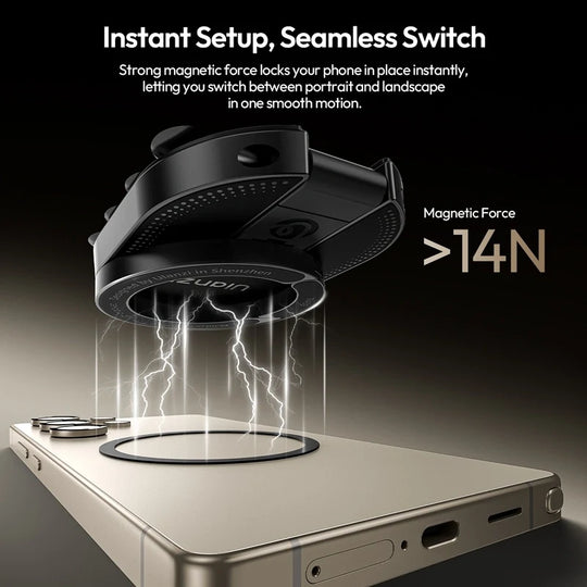 Ulanzi MA39 MagLock suction mount highlighting greater than 14N magnetic force for switching between portrait and landscape modes.