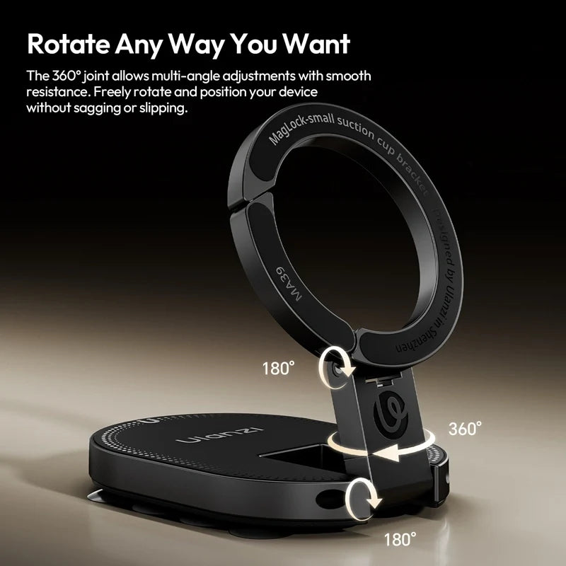 Ulanzi MA39 MagLock suction cup bracket illustrating 360-degree rotation and dual 180-degree tilt joints.