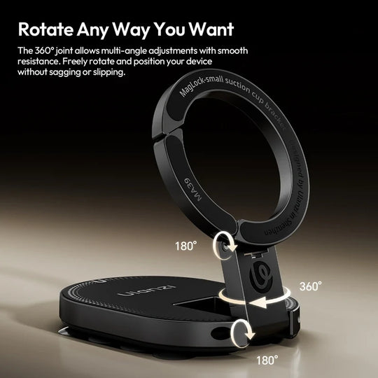 Ulanzi MA39 MagLock suction cup bracket illustrating 360-degree rotation and dual 180-degree tilt joints.