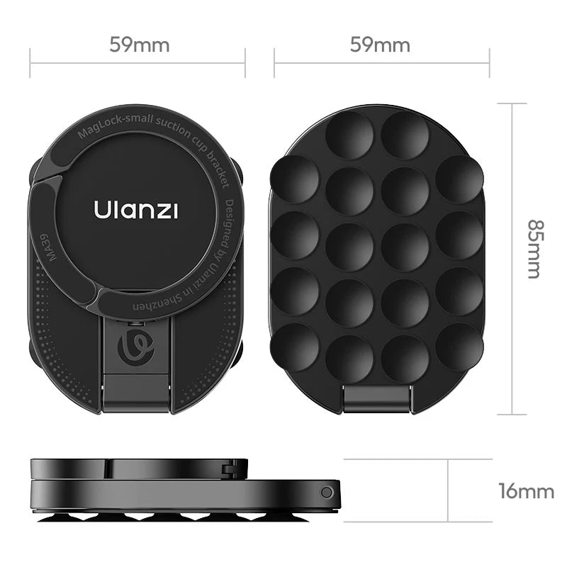 Ulanzi MA39 MagLock suction cup mount physical dimensions showing 59mm width, 85mm height, and 16mm thickness.