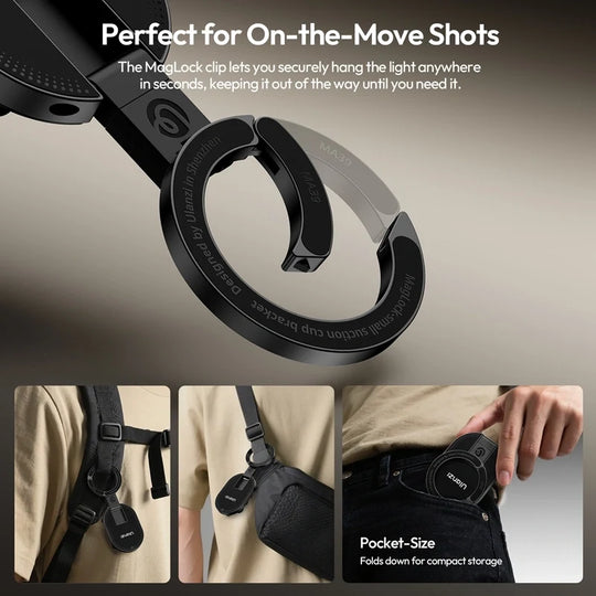 Ulanzi MA39 MagLock mount showing carabiner clip attachment to bags and compact pocket-size folding design.