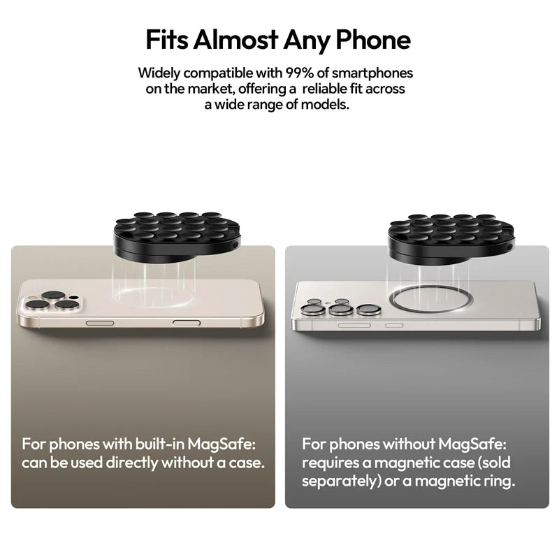 Ulanzi MA39 MagLock suction cup mount illustrating compatibility with MagSafe iPhones and non-MagSafe smartphones using a magnetic ring.