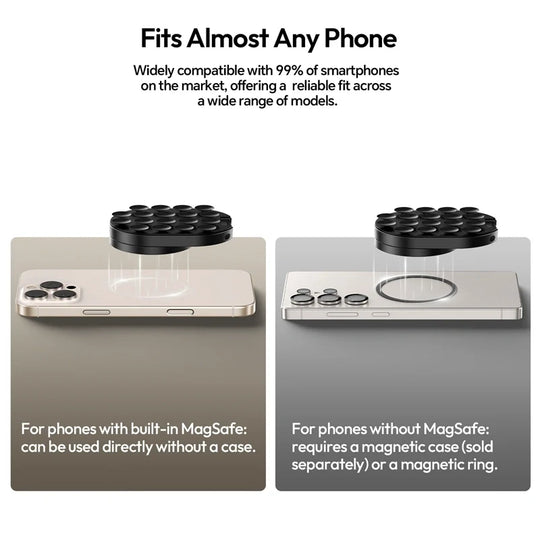 Ulanzi MA39 MagLock suction cup mount illustrating compatibility with MagSafe iPhones and non-MagSafe smartphones using a magnetic ring.