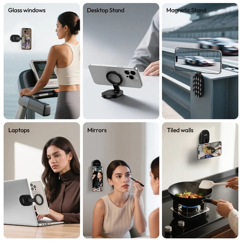Ulanzi MA39 MagLock mount demonstrated on glass windows, desktop, metal surfaces, laptops, mirrors, and tiled walls.