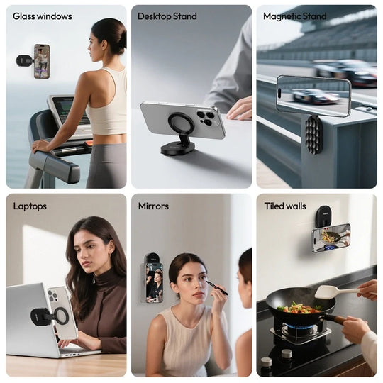 Ulanzi MA39 MagLock mount demonstrated on glass windows, desktop, metal surfaces, laptops, mirrors, and tiled walls.