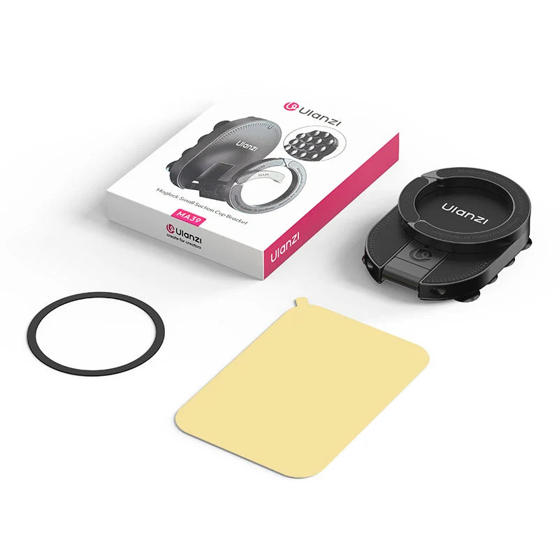 Ulanzi MA39 MagLock suction cup mount unboxed with retail packaging, magnetic adapter ring, and protective film sheet.