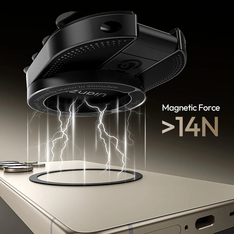 Ulanzi MA39 MagLock suction mount highlighting greater than 14N magnetic force for switching between portrait and landscape modes.