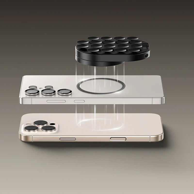 Ulanzi MA39 MagLock suction mount aligning magnetically above an iPhone showcasing MagSafe compatibility.