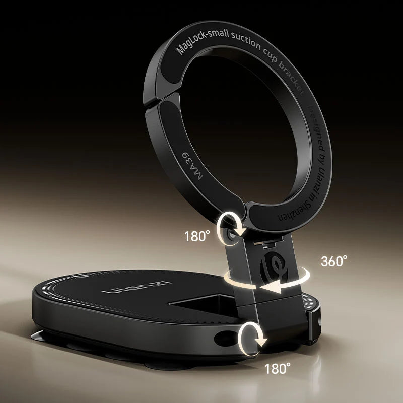 Ulanzi MA39 MagLock suction cup bracket illustrating 360-degree rotation and dual 180-degree tilt joints.