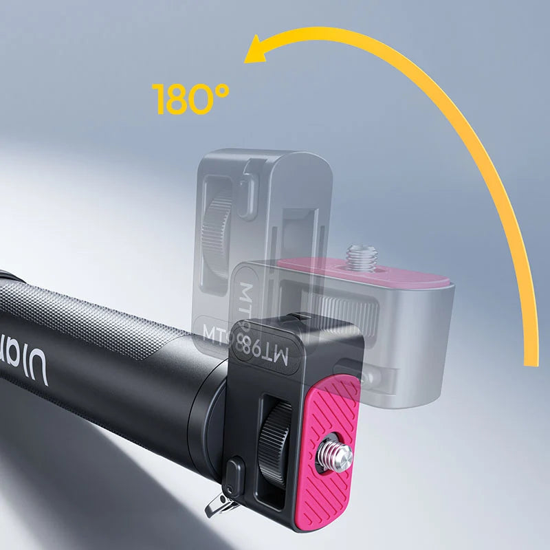 Ulanzi MT98 foldable selfie stick demonstrating its 180-degree flexible tilt top mount mechanism for adjusting camera angles.