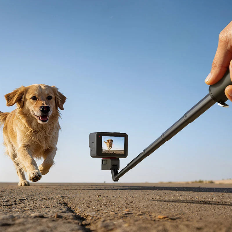 Golden retriever running alongside an action camera mounted on the Ulanzi MT98 foldable selfie stick held close to the ground.