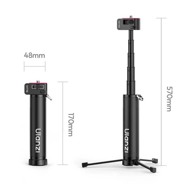Ulanzi MT98 foldable selfie stick physical specifications showing 48mm width, 170mm folded height, and 570mm maximum extended height.