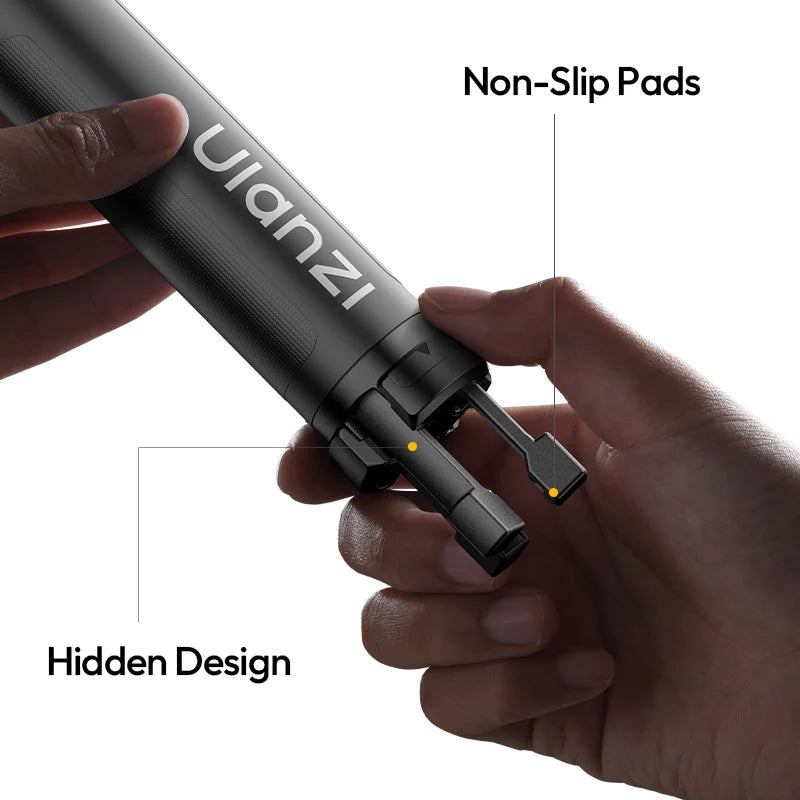 Ulanzi MT98 showing built-in hidden tripod legs with non-slip pads, featuring dual handheld selfie stick and tabletop tripod modes.
