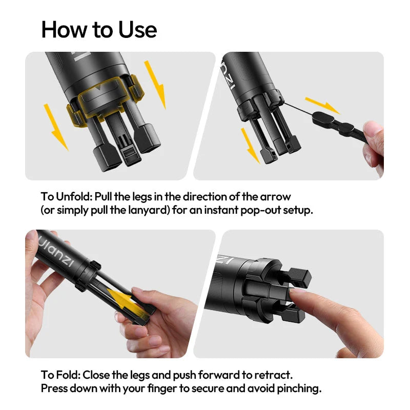 Ulanzi MT98 foldable selfie stick instruction guide demonstrating how to unfold the tripod legs using the lanyard and how to fold and secure them safely.