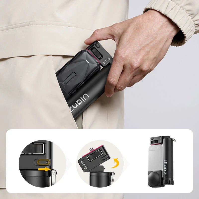 Ulanzi MT98 foldable selfie stick tucked into a pocket for easy everyday carry and travel portability.