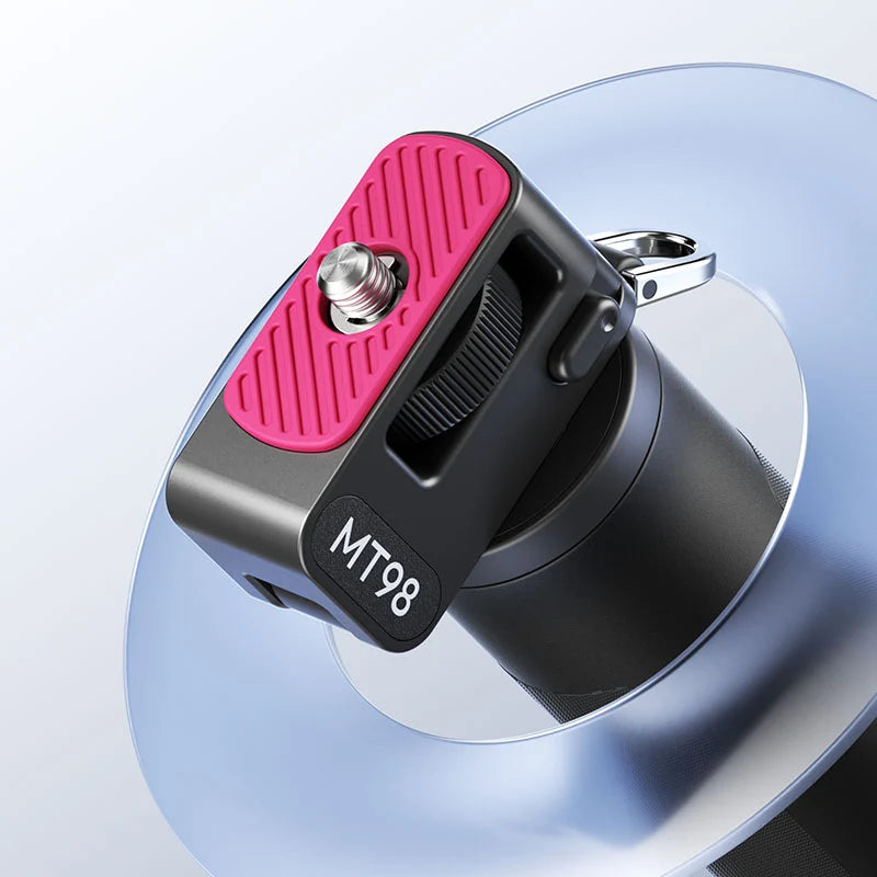 Ulanzi MT98 foldable selfie stick showing its top mount platform with a threaded screw and red rubber non-slip grip pad.