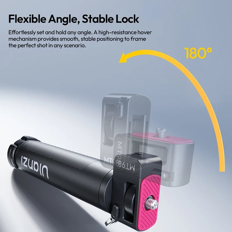 Ulanzi MT98 selfie stick displaying 180-degree flexible tilt top mount with high-resistance hover positioning mechanism.