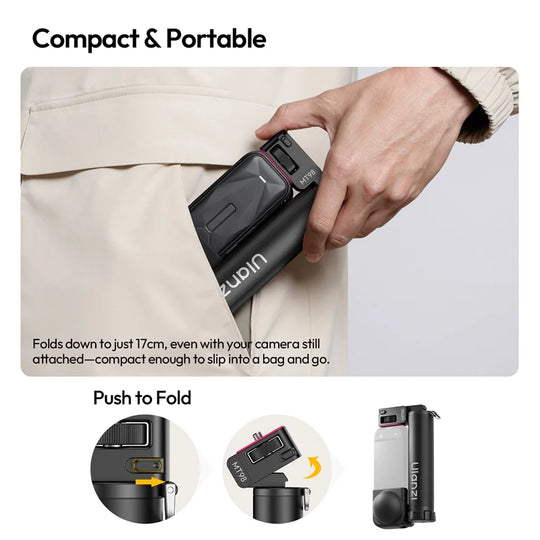 Ulanzi MT98 selfie stick folding down to 17cm for compact pocket storage with push-to-fold mechanism demonstrated.