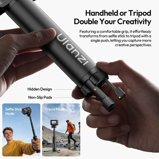 Ulanzi MT98 showing built-in hidden tripod legs with non-slip pads, featuring dual handheld selfie stick and tabletop tripod modes.