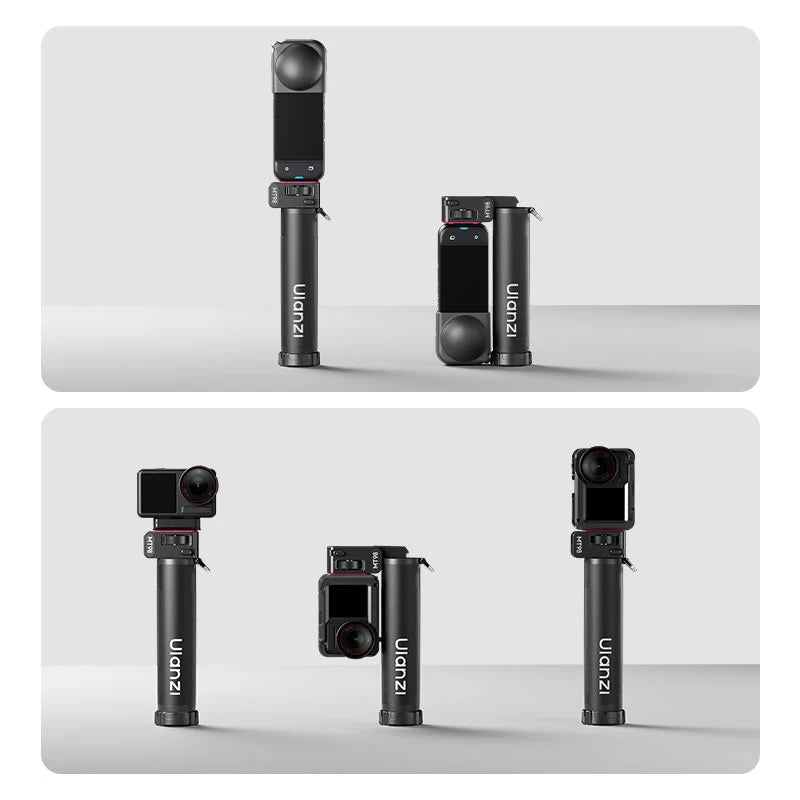 Ulanzi MT98 foldable selfie stick and tripod for Insta360 and DJI cameras, shown folded, extended, and as a mini tripod base.