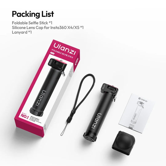 Ulanzi MT98 package contents including foldable selfie stick, silicone lens cap for Insta360, lanyard, user manual, and product retail box.