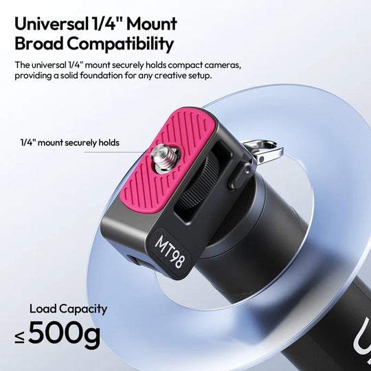 Ulanzi MT98 selfie stick highlighting universal 1/4-inch threaded mount with non-slip pad and 500g maximum load capacity.