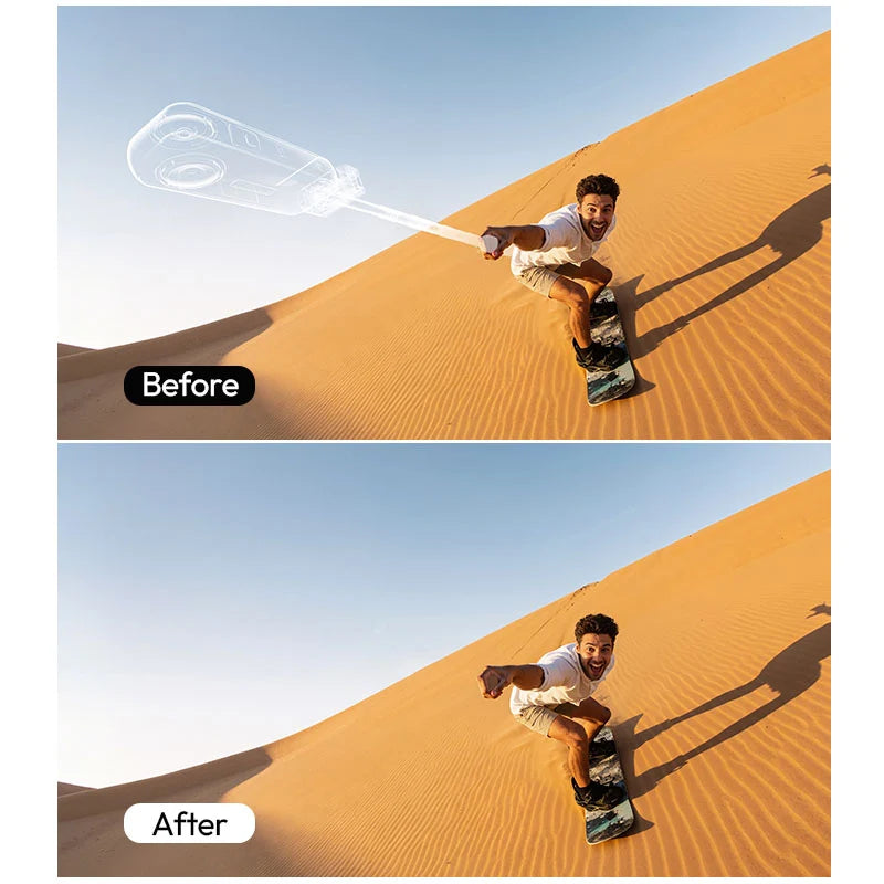 Before and after comparison demonstrating the Ulanzi MT98 invisible selfie stick being digitally edited out during sandboarding for a clean third-person action shot.