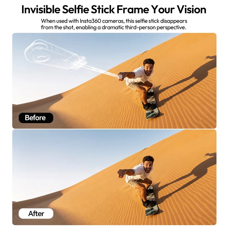 Ulanzi MT98 selfie stick demonstrating invisible stick feature with Insta360 cameras for third-person action shots.