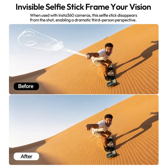 Ulanzi MT98 selfie stick demonstrating invisible stick feature with Insta360 cameras for third-person action shots.