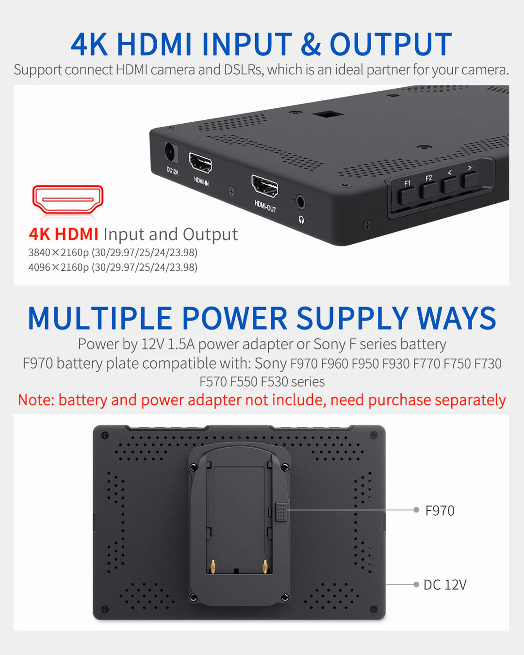 Back view of a device with 4K HDMI input and output ports and multiple power supply options.
