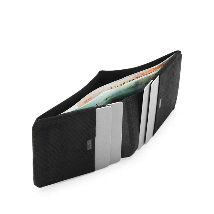 Black wallet with cards and money on a white background