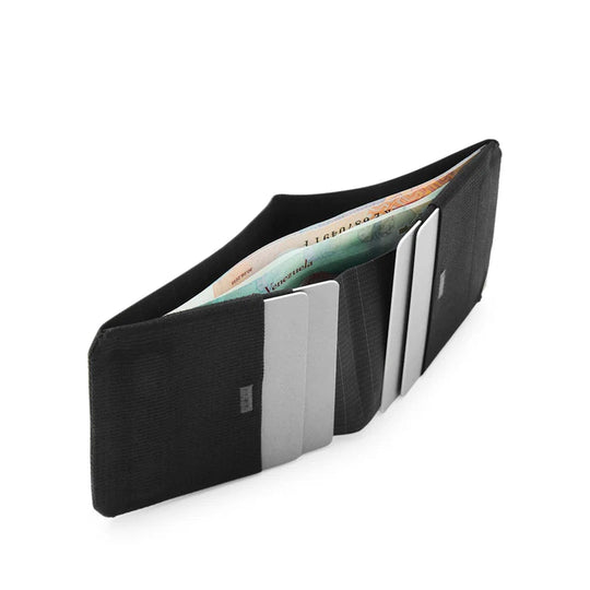 Black wallet with cards and money on a white background
