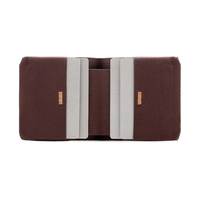 Brown wallet with gray card slots on a white background