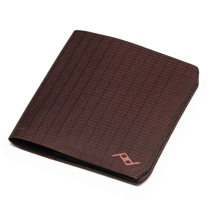 Brown textured wallet with a brand logo on a white background