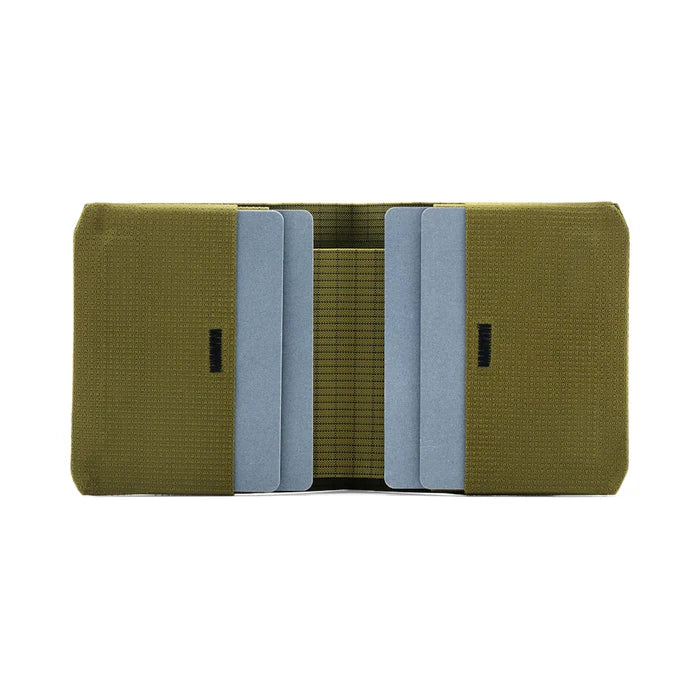 Green wallet with blue straps on a white background