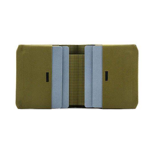 Green wallet with blue straps on a white background