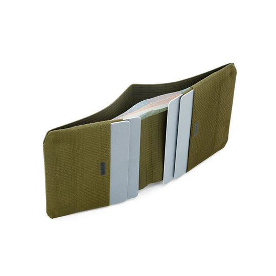 Green wallet with multiple card slots on a white background