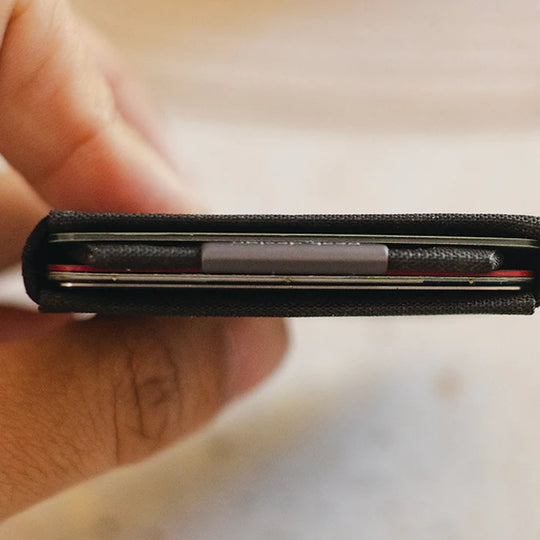 Close-up of a person holding a black wallet with a blurred background