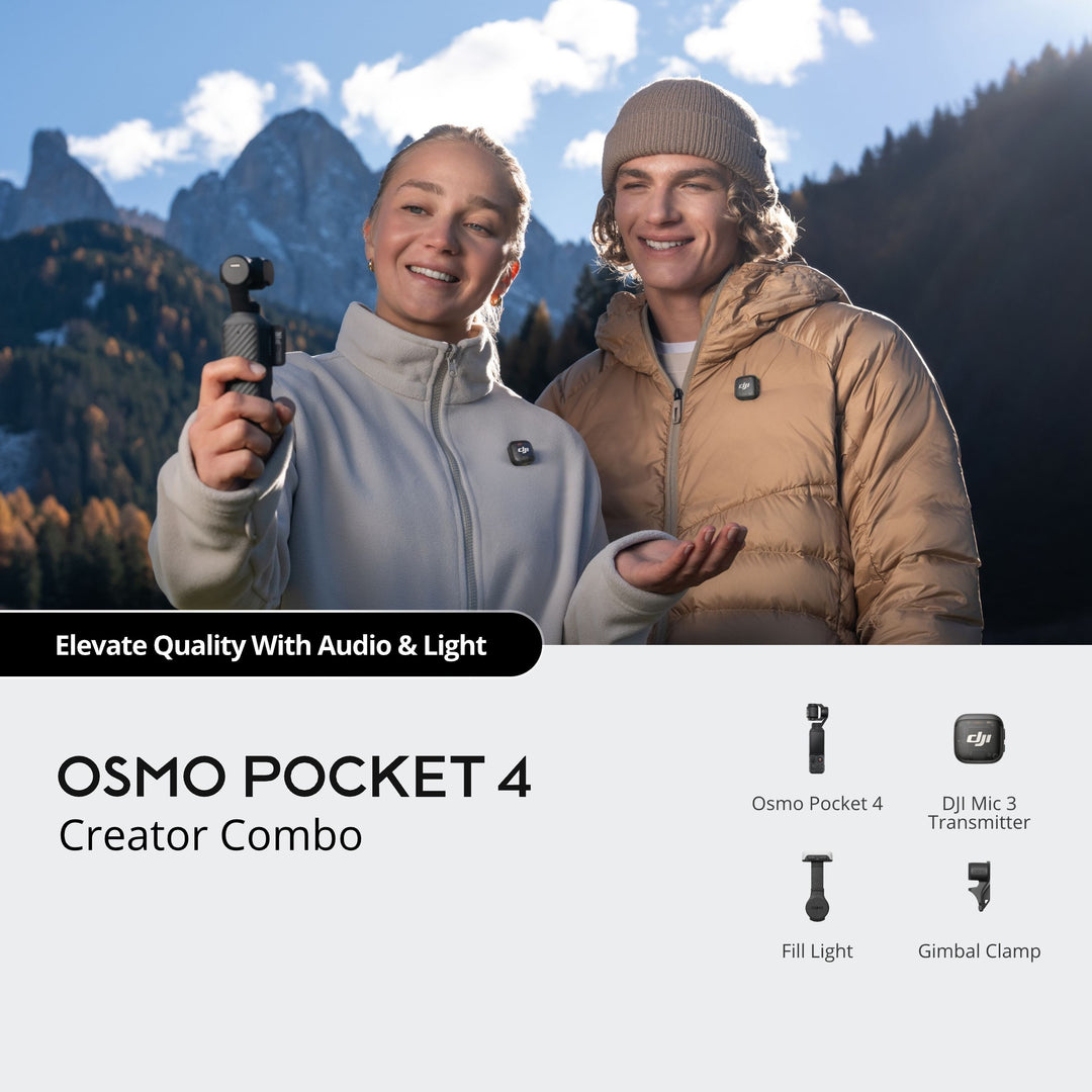 Two people outdoors with a mountainous background, holding Osmo Pocket 4 equipment.