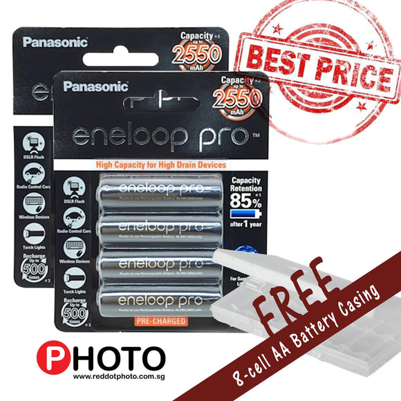 [Made in Japan] (2-pack) [FREE DELIVERY] Panasonic Eneloop PRO 2550mAh Rechareable Batteries (Pre-Charged and Rechargeable) with FREE 8 cell Battery Case