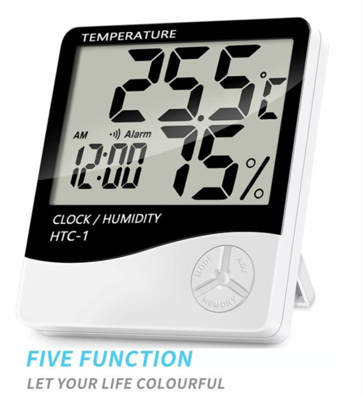 Chromage HTC-1 Indoor Digital Humidity Thermometer Hygrometer, Room Temperature Gauge Humidity Monitor with Alarm Clock , LCD Display(White)