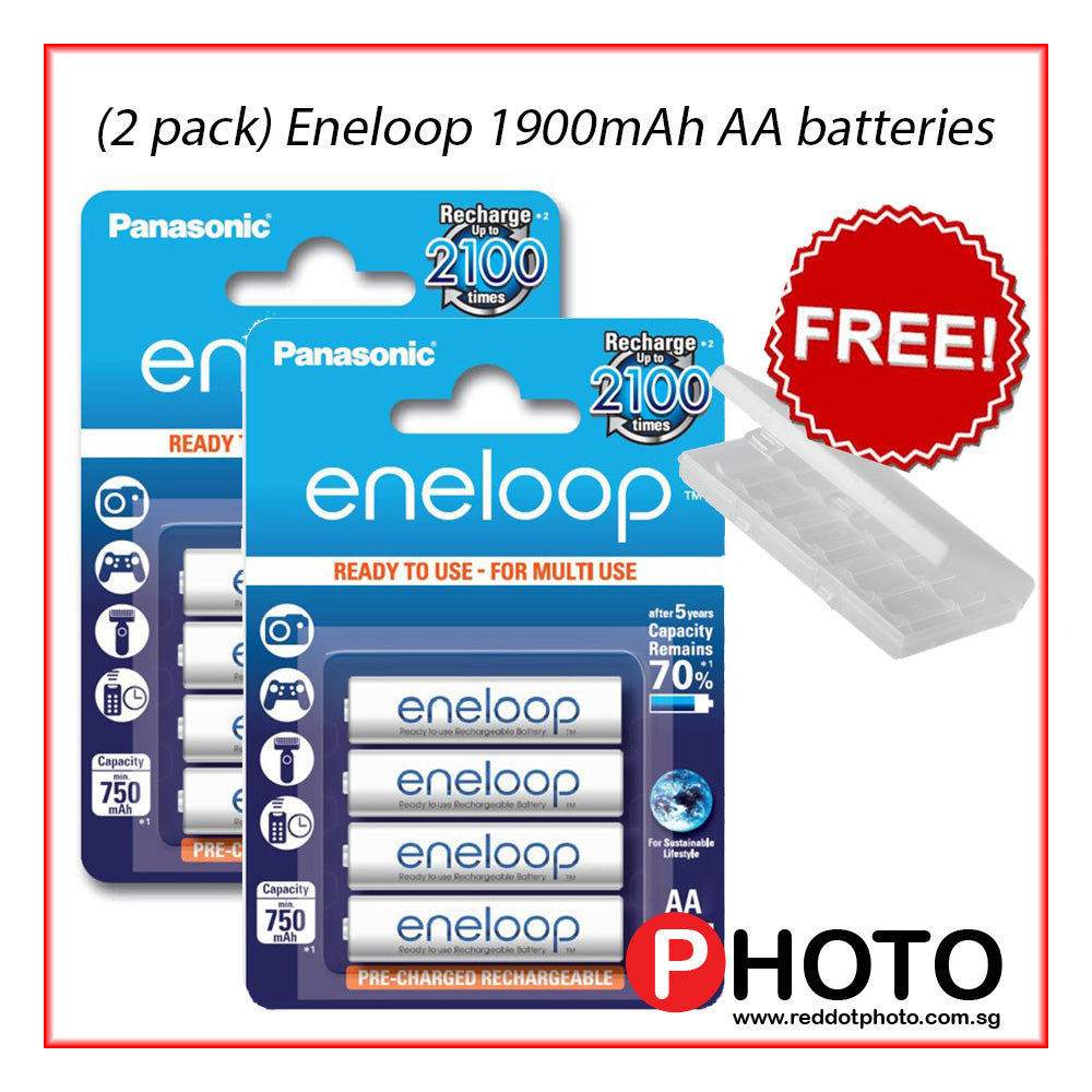 [免费送货] [2020 年 5 月]（2 包）松下 Eneloop 1900mAh 镍氢充电 AA 电池，附赠电池盒